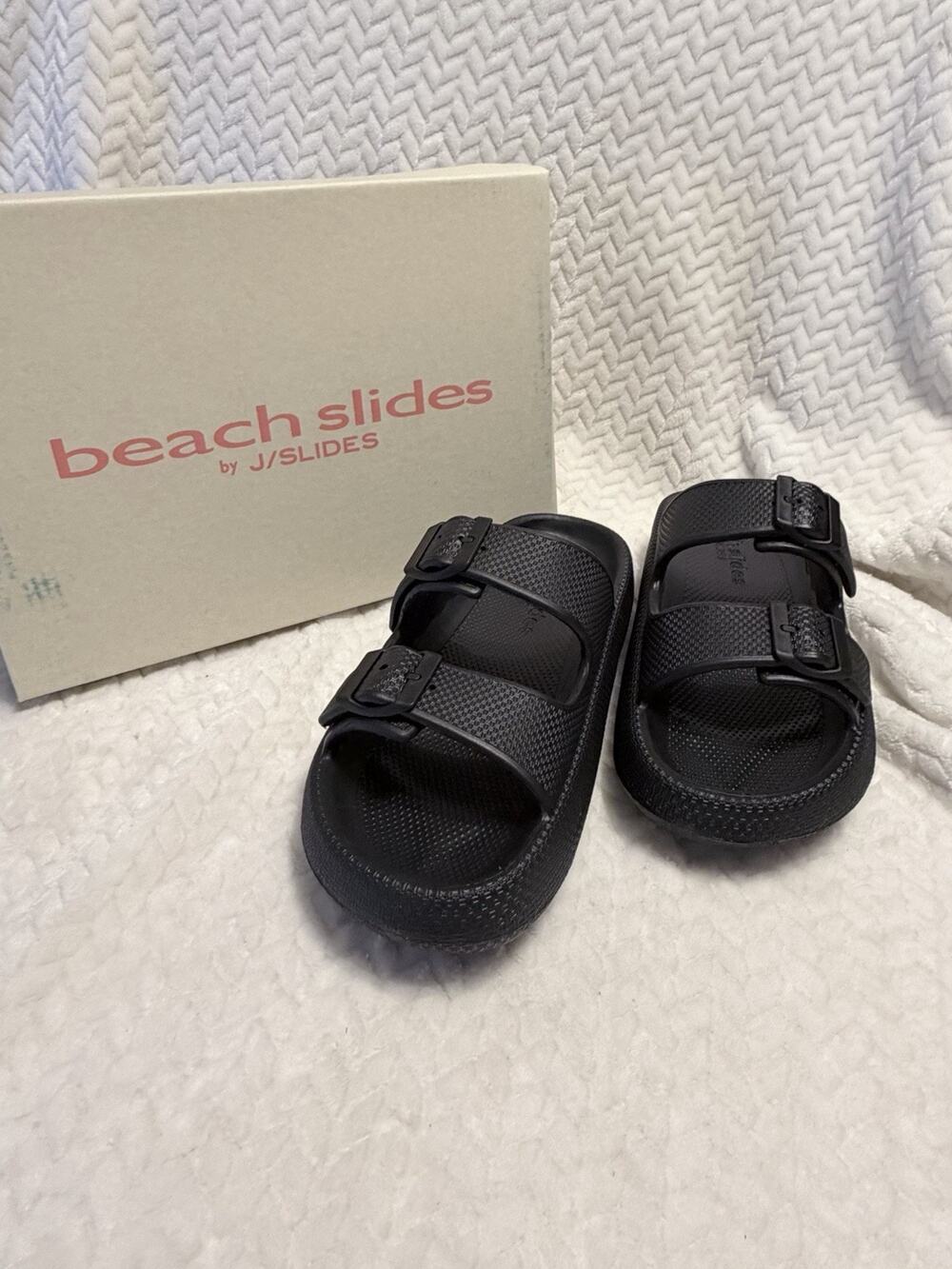 BEACH SLIDES BY J/SLIDES Womens Size 9M Black Eva SOCOOL Buckle Platform Sandals